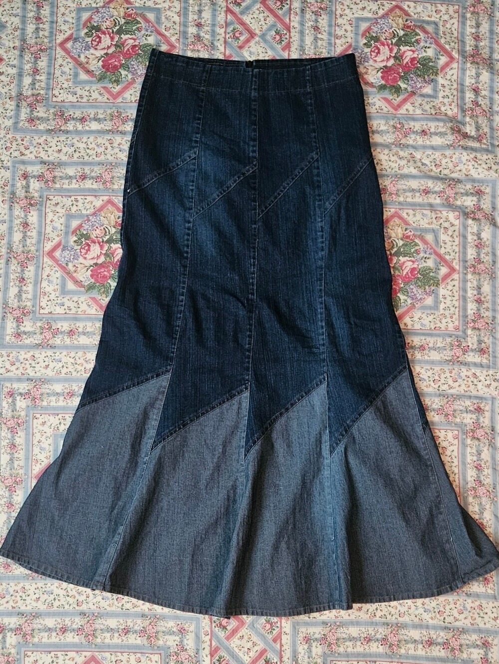 Denim Two-Tone Flared Maxi Skirt